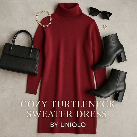 Uniqlo Sweater Dress Cranberry Knit Long Sleeve Turtleneck Midi Women's Size XS - Picture 1 of 15